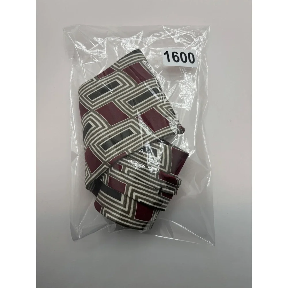 AXXA Mens Geometric Necktie Burgundy Grey Black Rectangular Pattern Silk Blend
